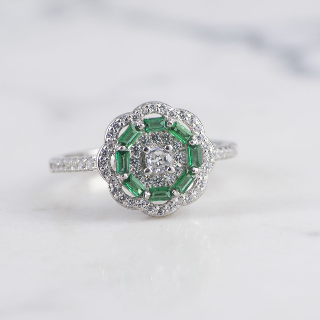 ANILLO FLOR CIRCONES Y ESMERALDA